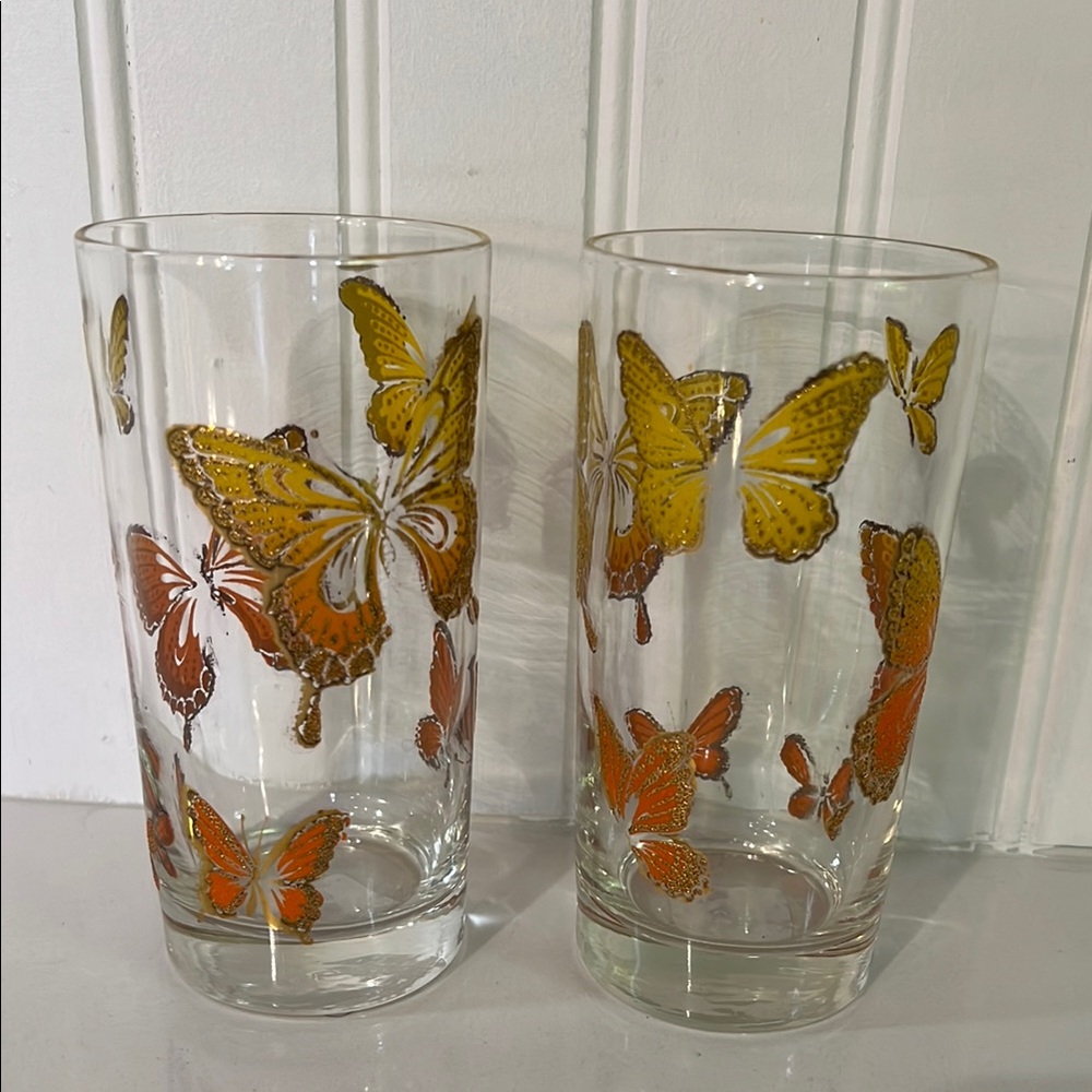Vintage Libbey Etched Gold Butterfly Print Glass Tumblers